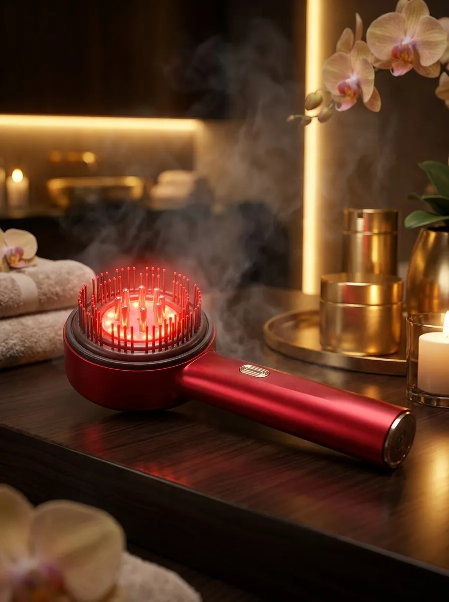 Electric Massage Comb glowing with red light therapy on a spa vanity