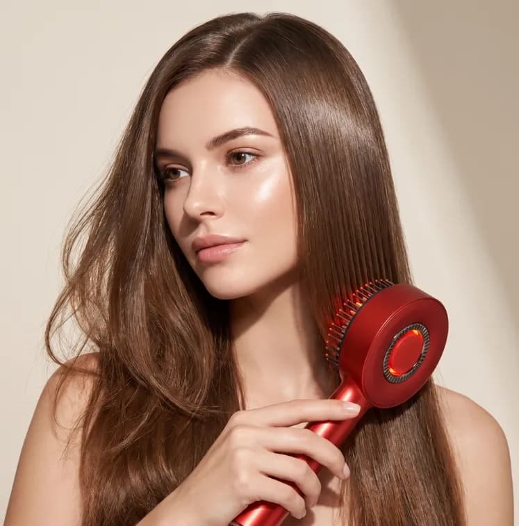 Combing the applicator through hair to reach the root line