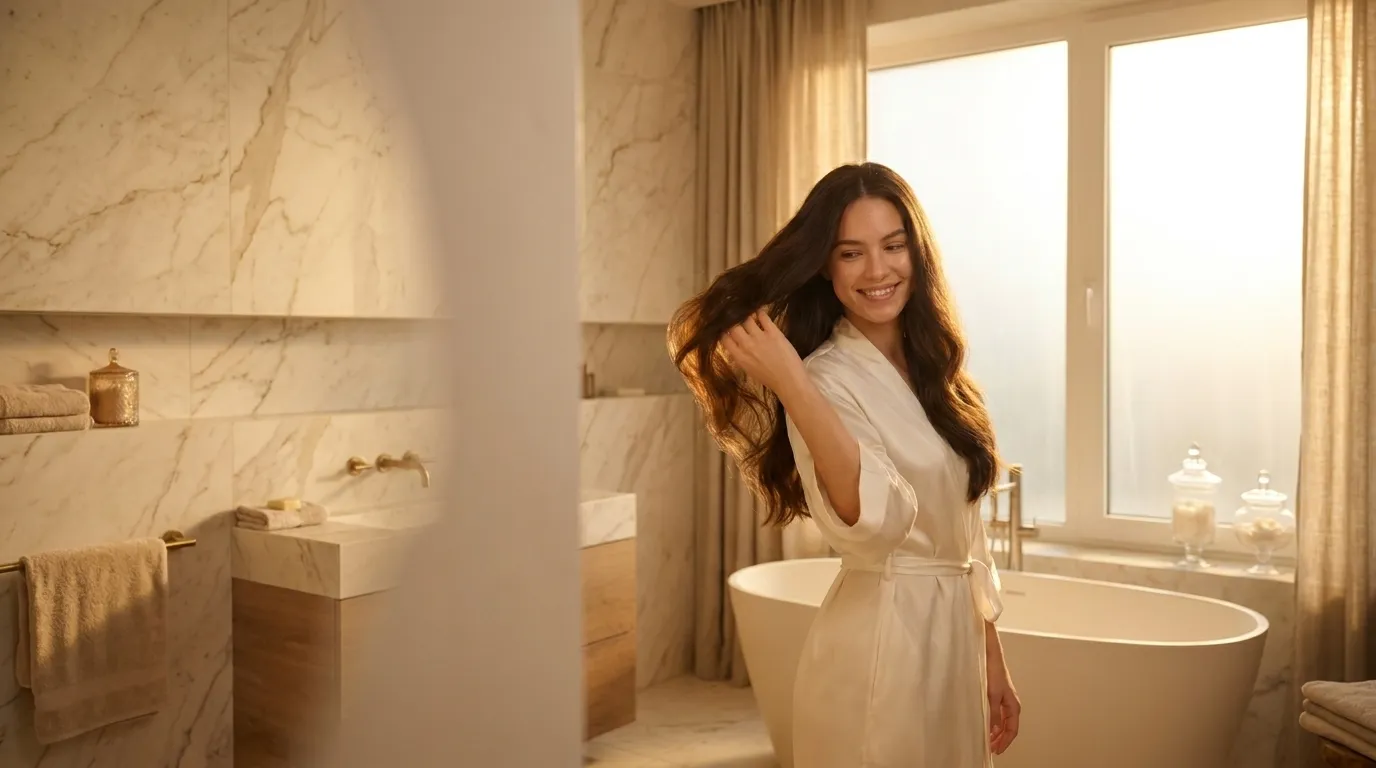 The Aurelles hair care ritual — soft, healthy hair in a marble spa bathroom