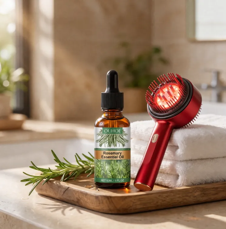 Rosemary essential oil and the Aurelles red light massage comb on a wooden spa tray