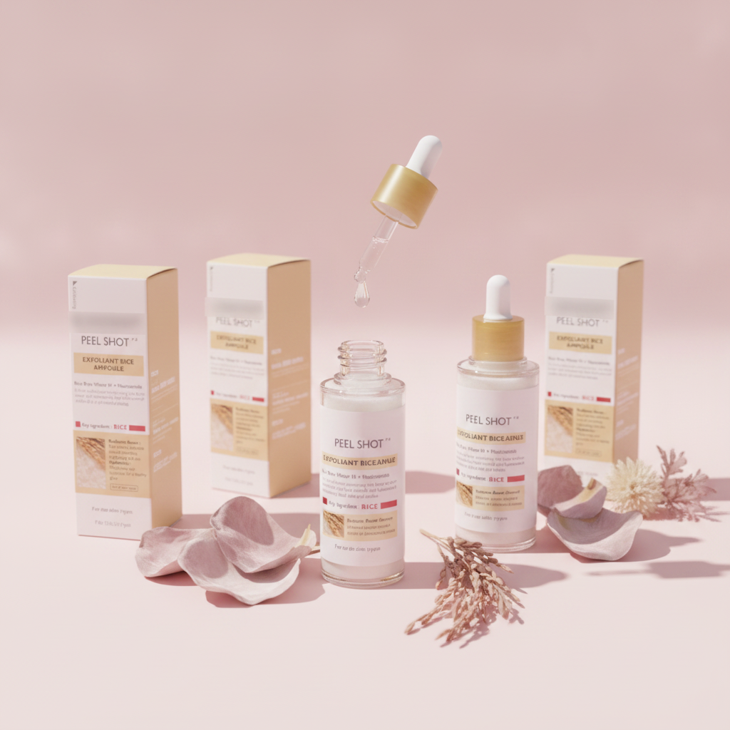Multiple bottles of Rice Moisturizing Exfoliating Liquid on a blush pink surface. One bottle has a suspended clear liquid dro
