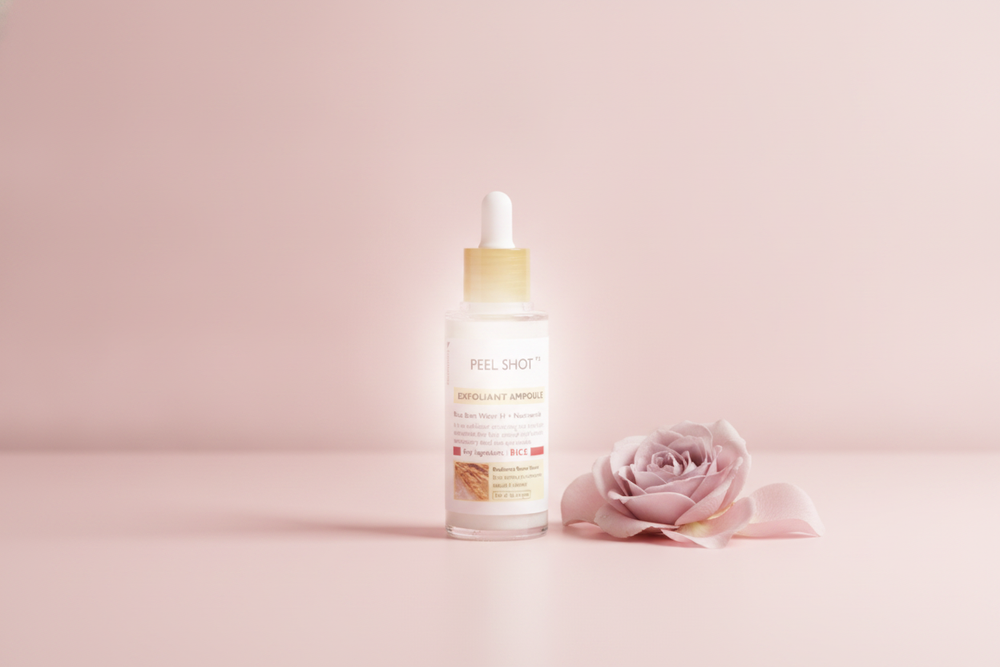 Rice Moisturizing Exfoliating Liquid bottle on a blush pink surface with pale mauve and rose petals, soft rose-tinted backgro
