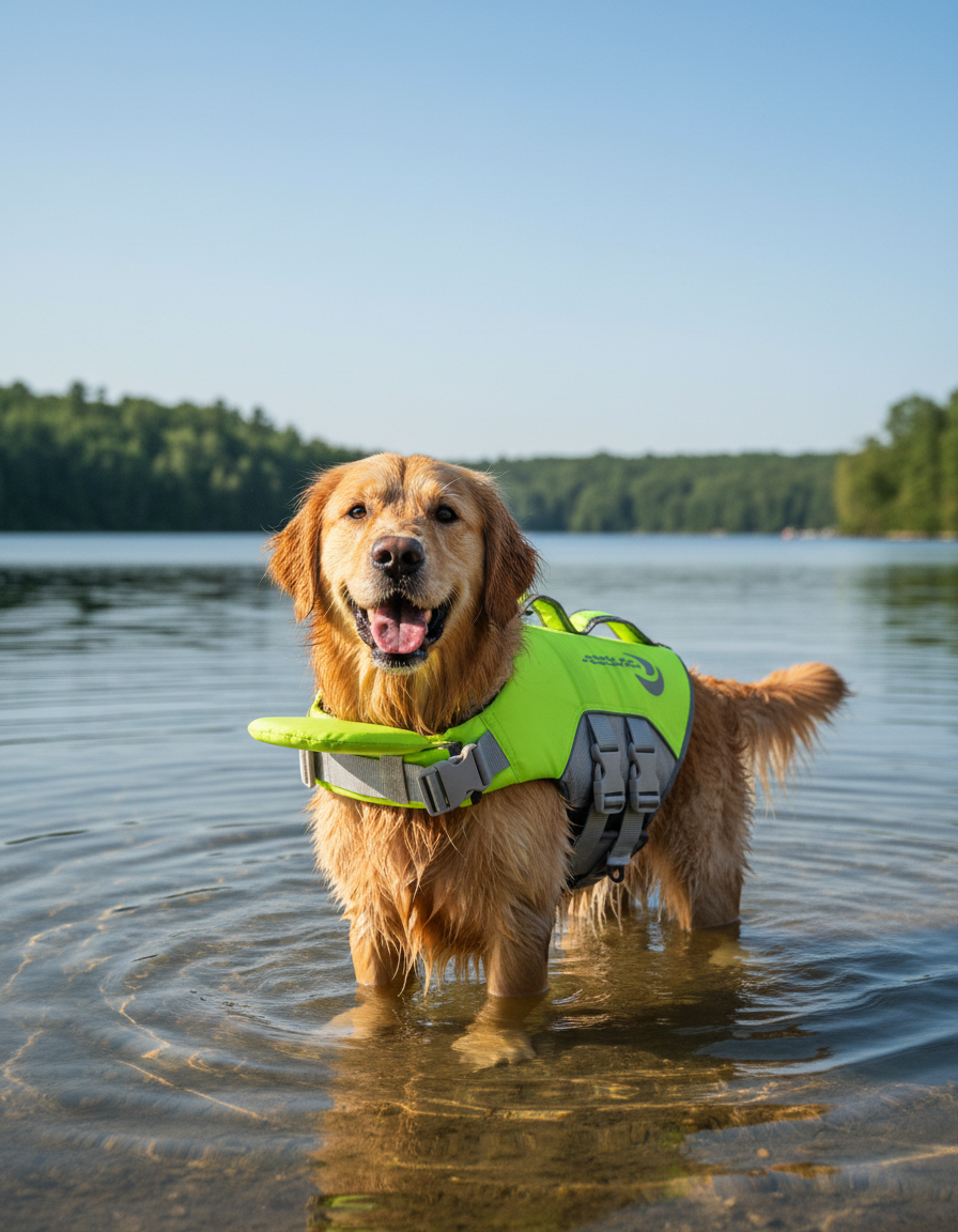 ThinkPet Green Dog Life Jacket - Adjustable Reflective Floating Vest (Large)